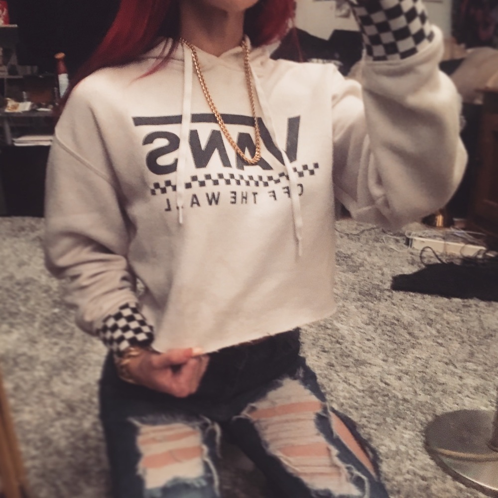 Vans Cropped White Checkered Sleeve Hoodie